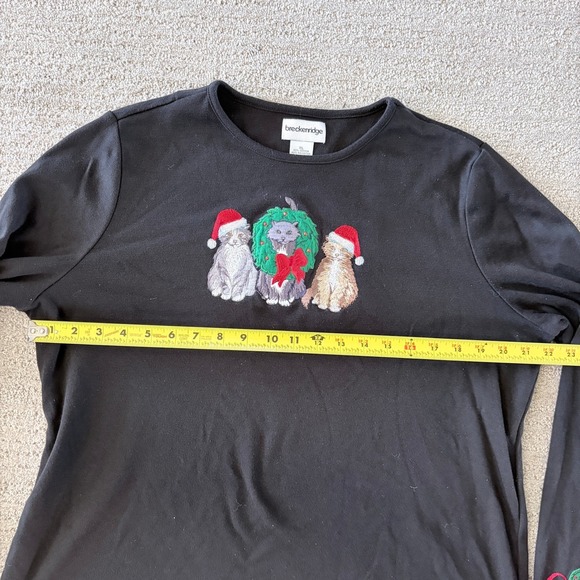 Vintage Christmas Holiday Shirt Long Sleeve Women XL Tee Embroidered Cats Wreath - Picture 5 of 7